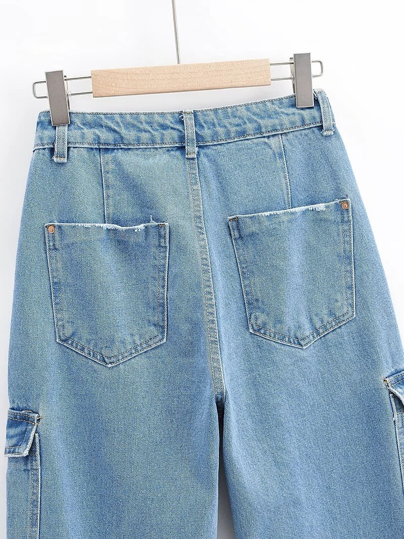 LIANAA Washed Blue Pocket Decorated High Waist Wide-leg Jeans