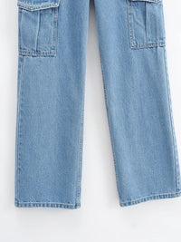 LIANAA Washed Blue Pocket Decorated High Waist Wide-leg Jeans